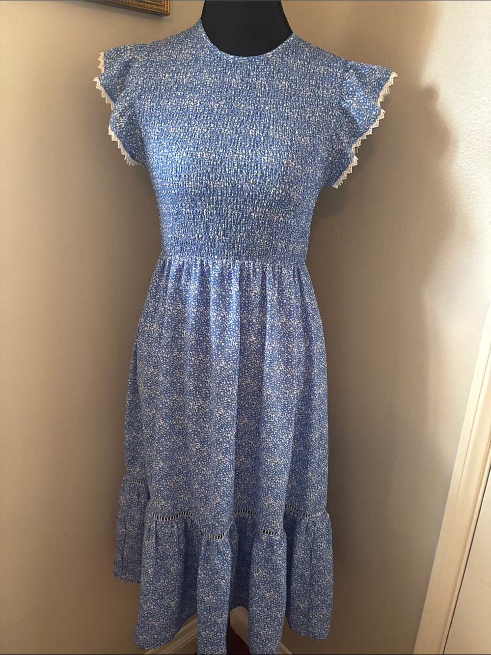 Melrose and Market Blue Floral Smocked Midi with Lace Trim